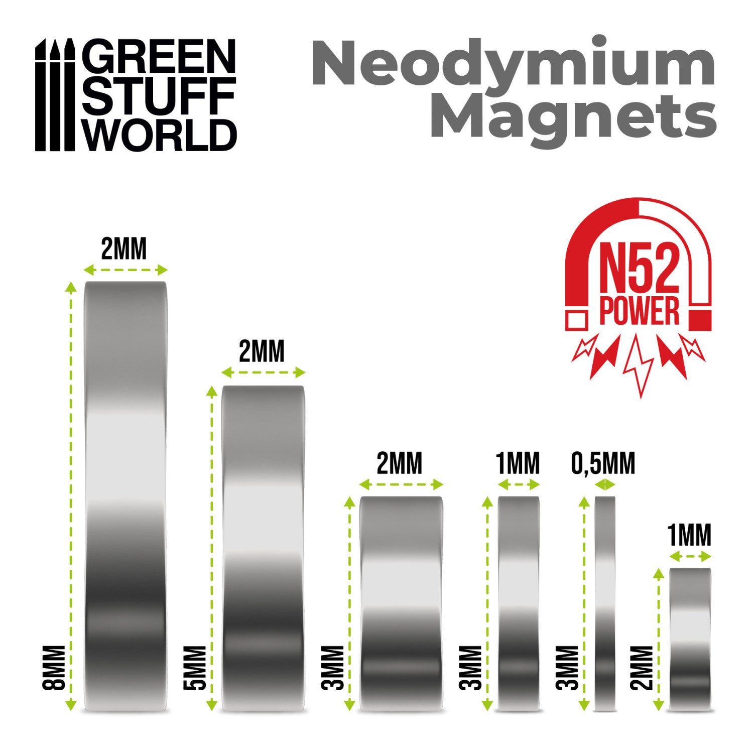 Magneti Neodimio 2x1mm - 100 unità (N52) - Green Stuff World